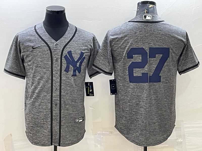 Men%27s New York Yankees #27 Giancarlo Stanton No Name Grey Gridiron Cool Base Stitched Jerseys